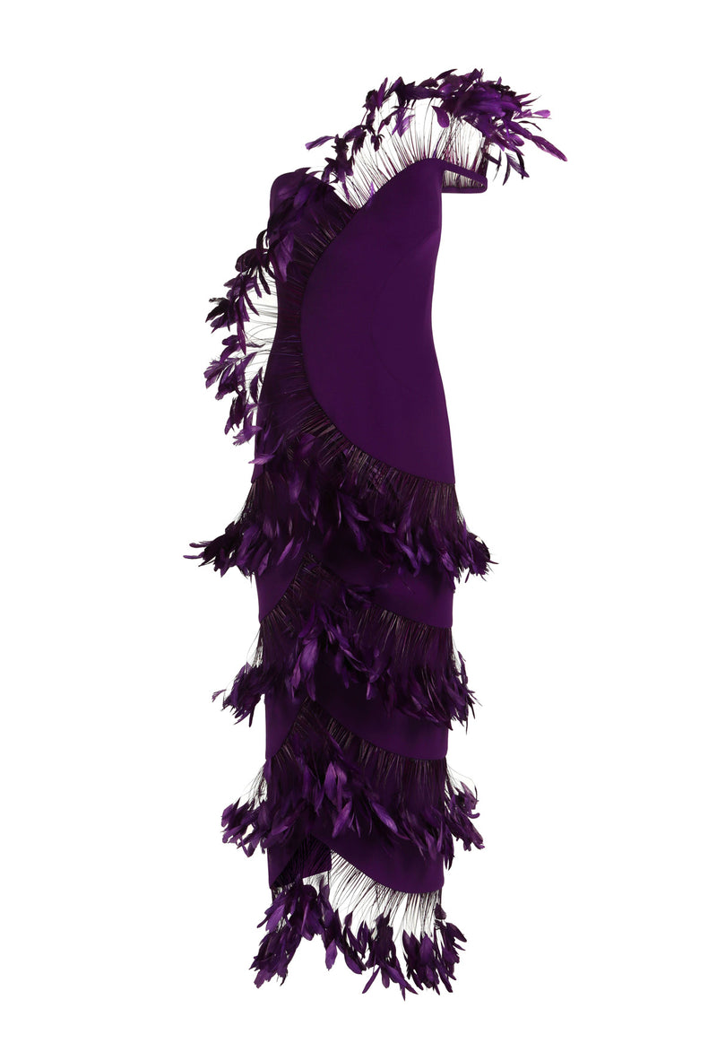 Asymmetrical purple crepe dress with purple feathers