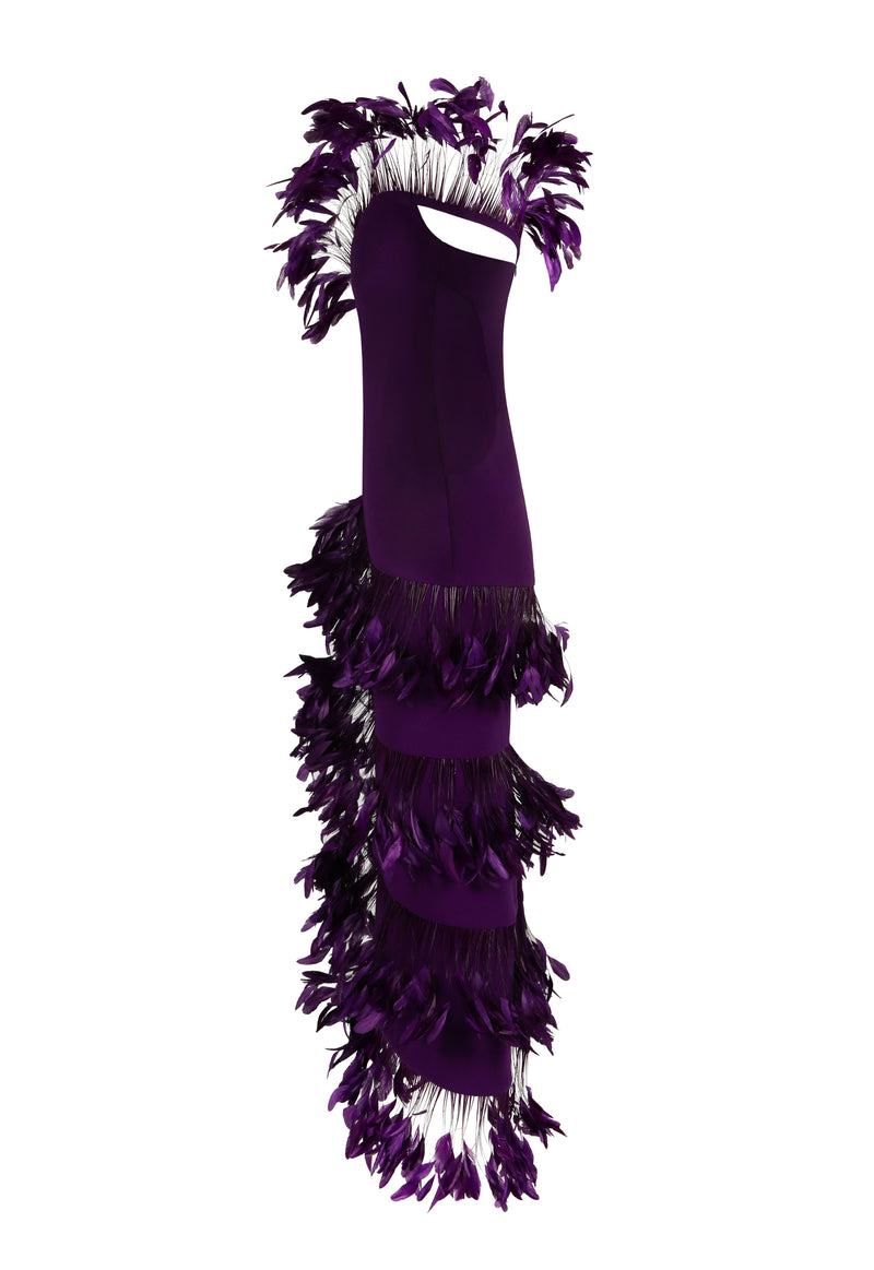 Asymmetrical purple dress with feathers