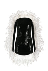Jet black sequins mini dress with white feathers on arms and hem