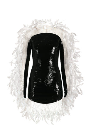 Jet black sequins mini dress with white feathers on arms and hem