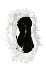Jet black sequins short dress with white feathers