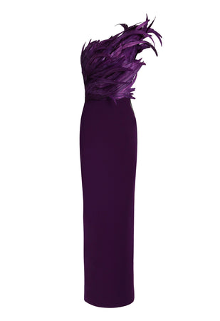 Asymmetrical purple crêpe dress with feathers and waist cutout