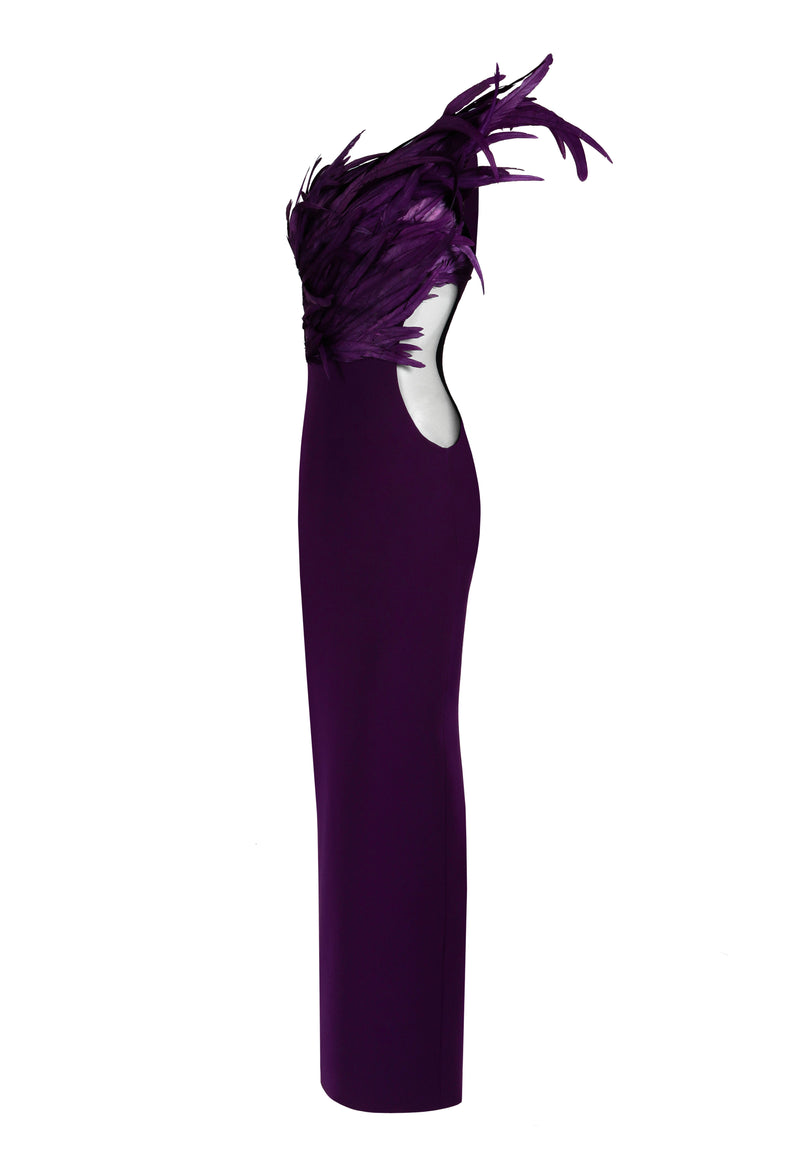 Asymmetrical one-shouldered purple crêpe dress with feathers