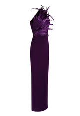 One-shouldered purple crêpe dress with feathers with cutout