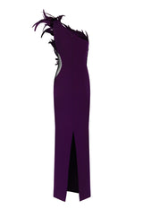 Asymmetrical purple crêpe dress with feathers
