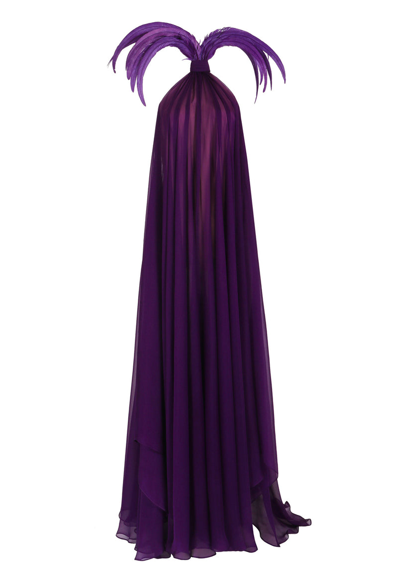 Halter neck chiffon purple shift dress with feathers