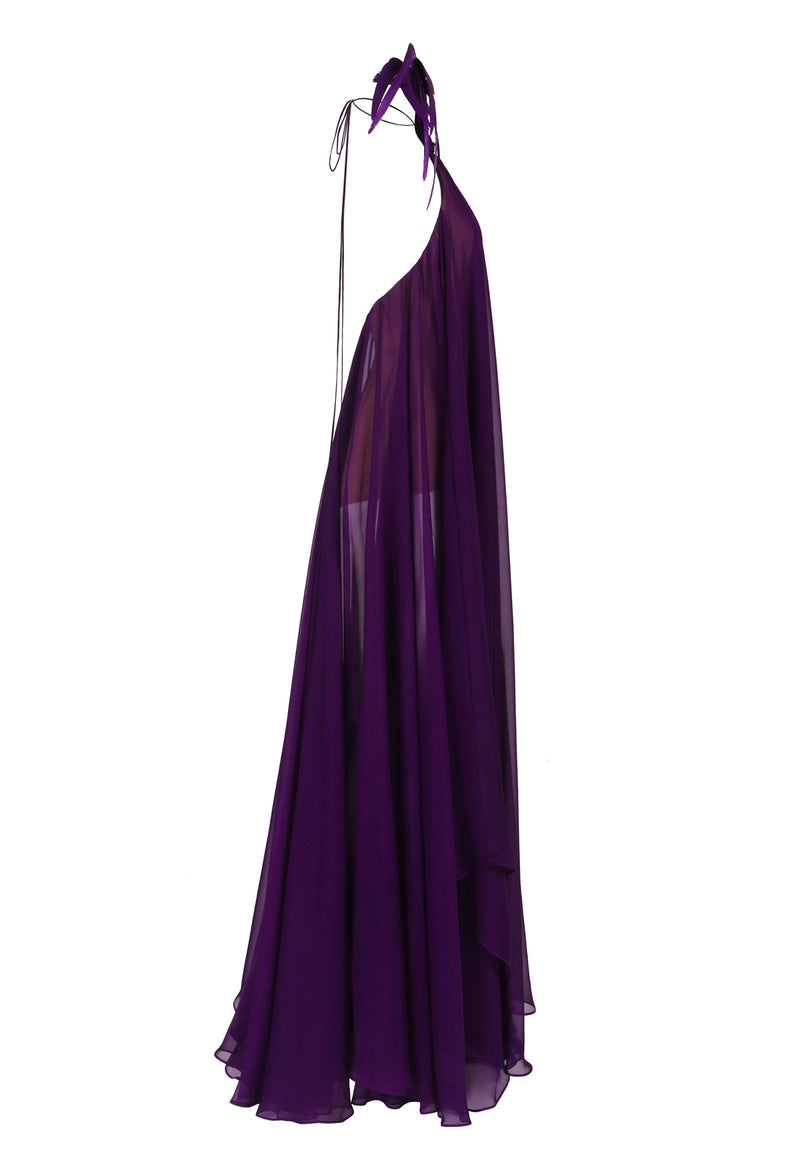 Halter neck chiffon purple dress with feathers 