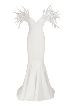 White silk crêpe mermaid gown with feathers and train