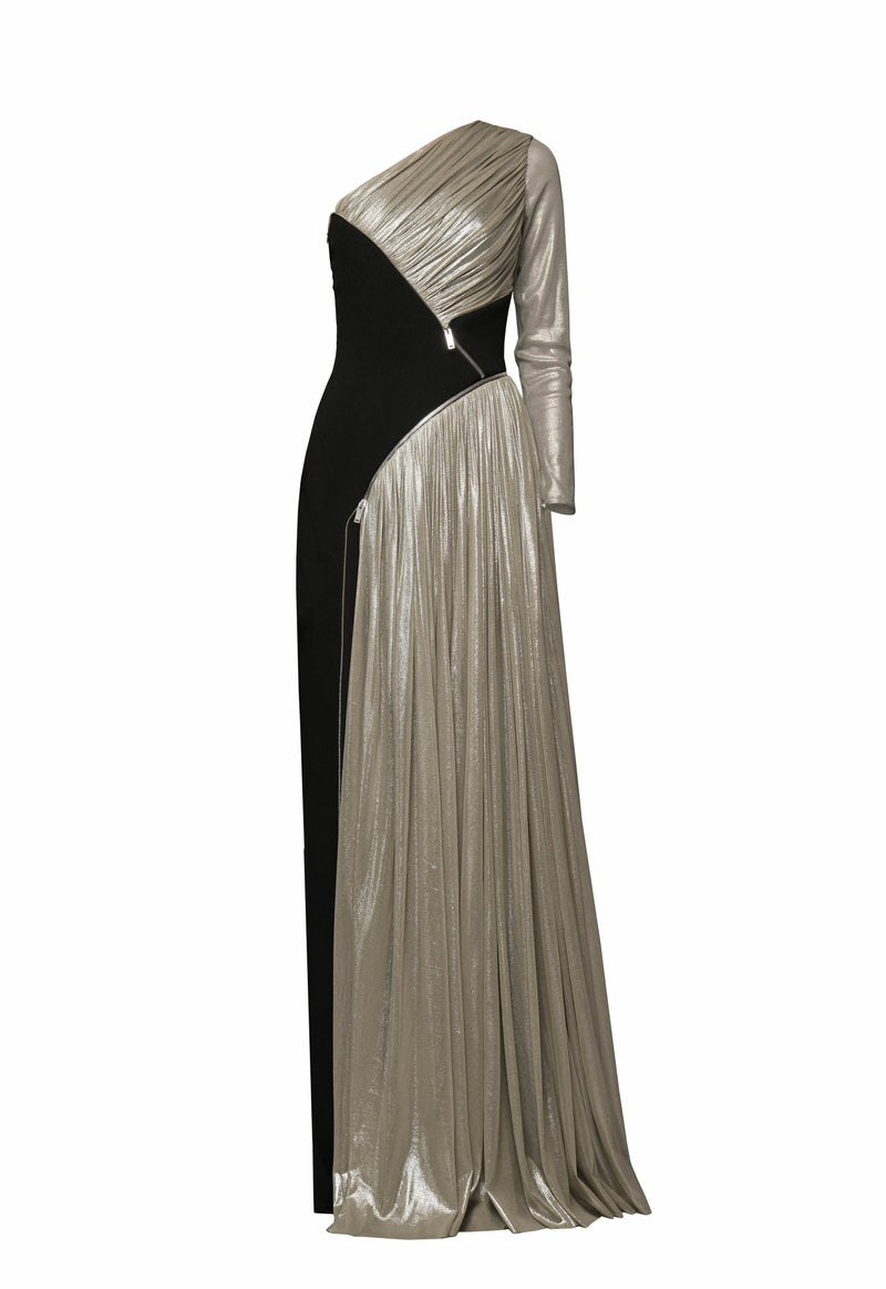 Black crêpe dress with silver draping in silver silk foiled tulle and zippers