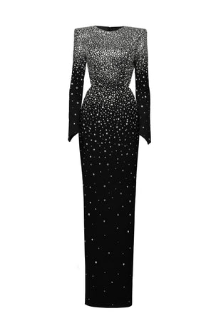 Long sleeved black crêpe dress fully embroidered with crystals