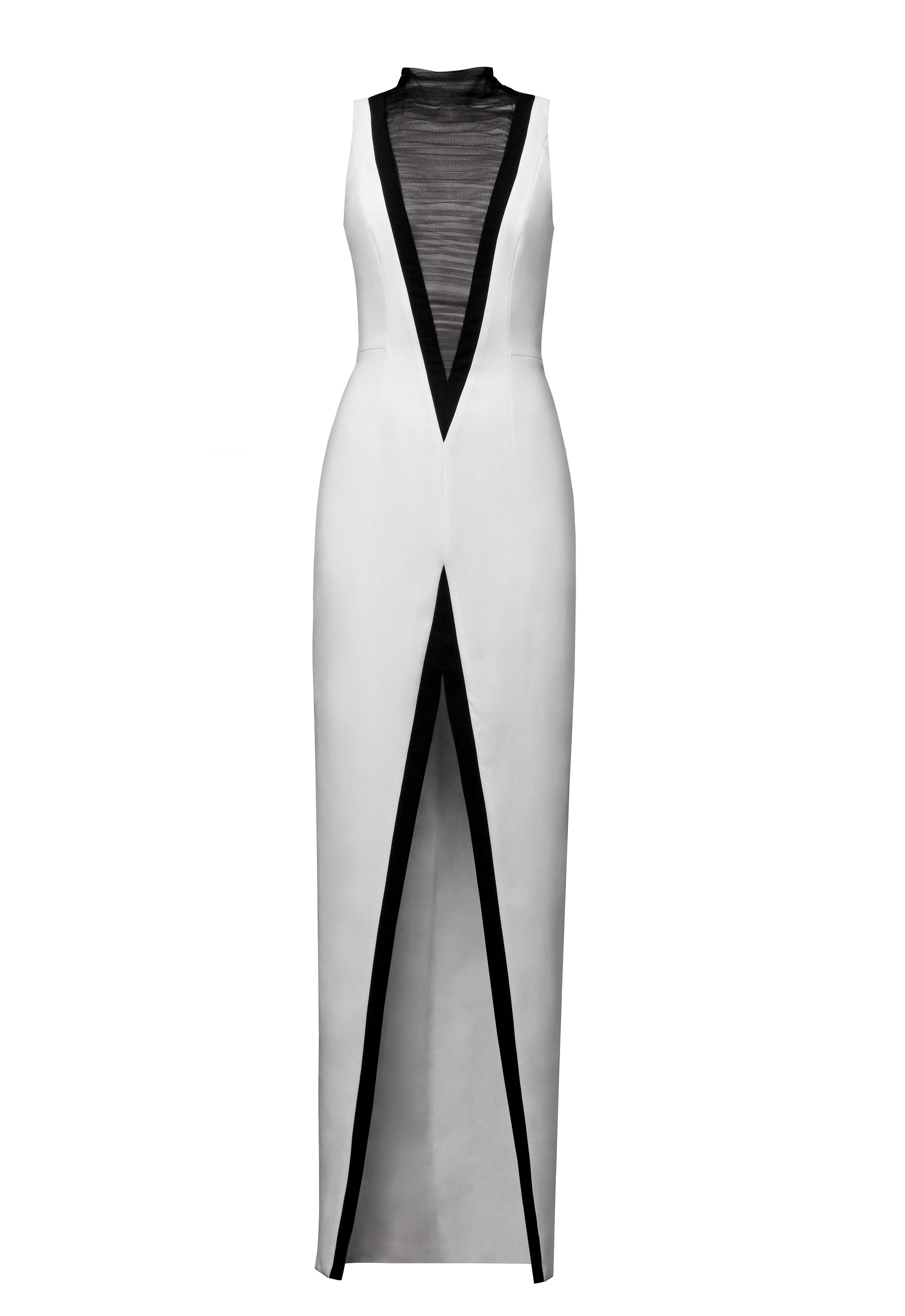 White crêpe dress with exaggerated deep V neckline in draped black tulle