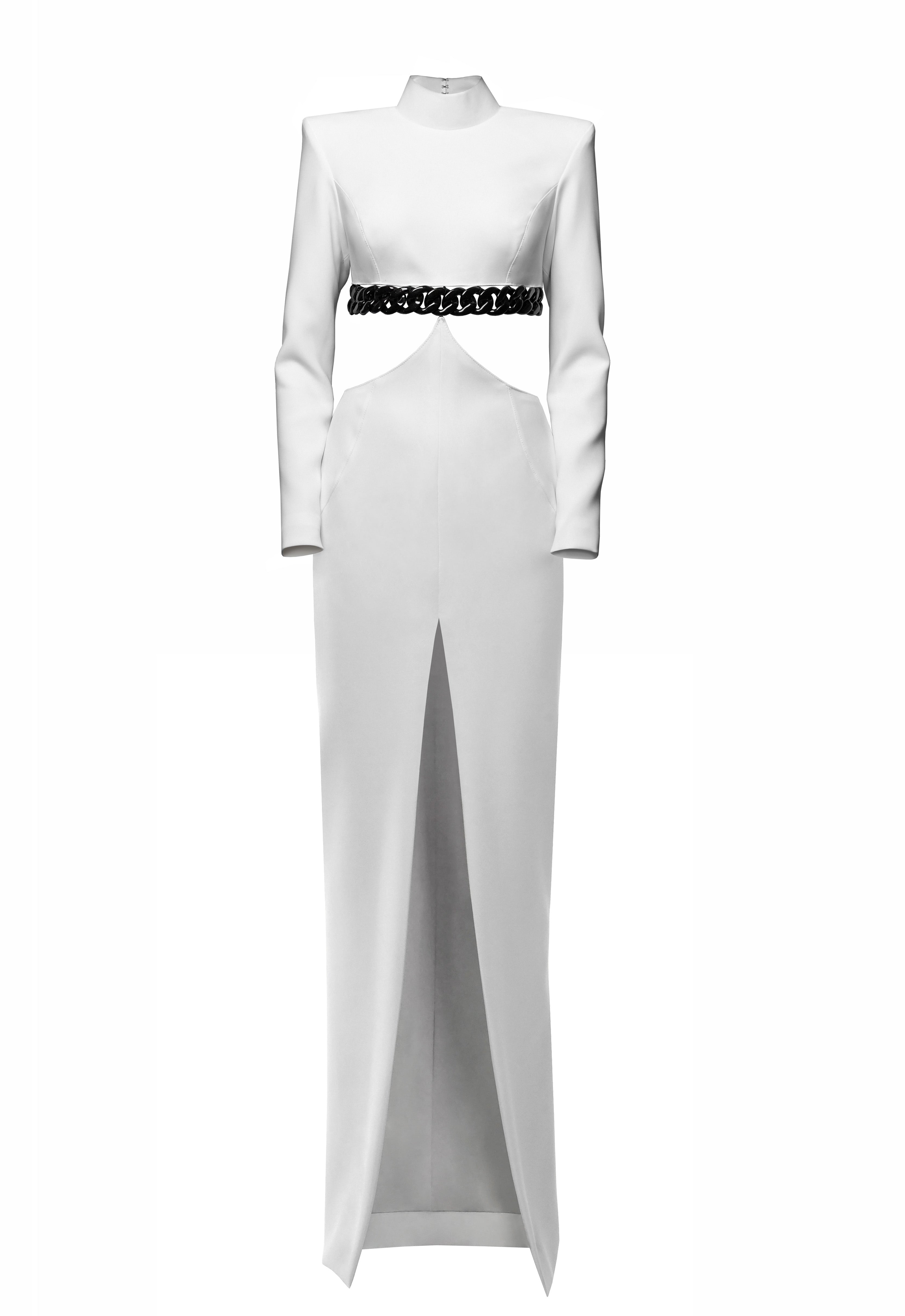 High necked white crêpe dress with a black chain