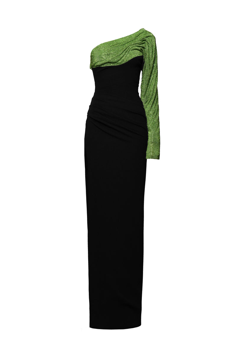 One-shoulder black crêpe dress with green chainmail