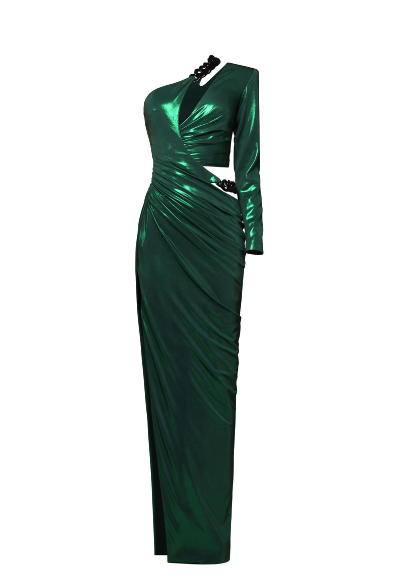 One-shoulder green lamé dress with chains and cutouts