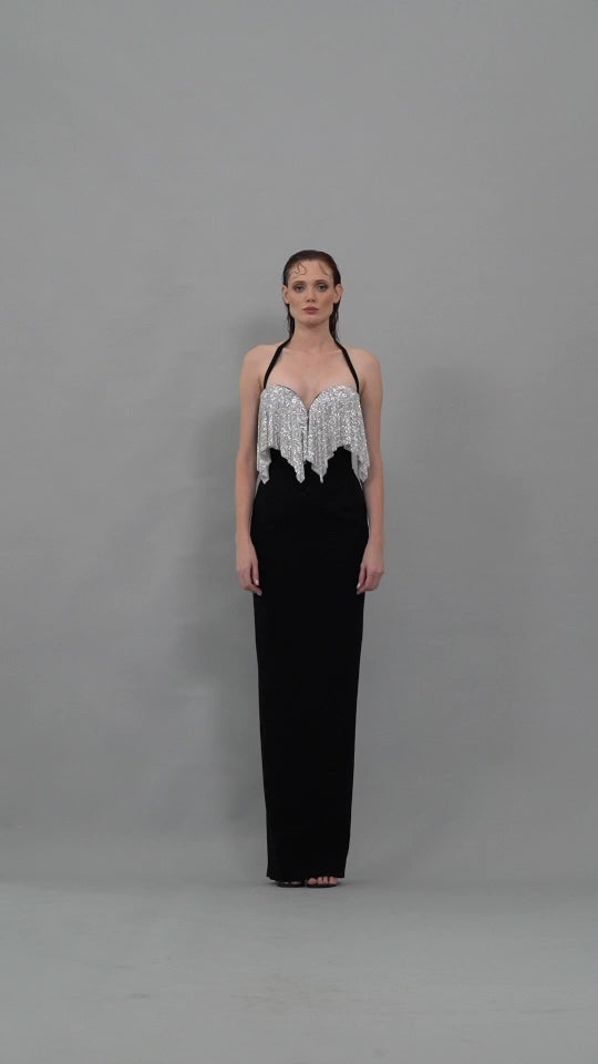 Black crêpe corseted halter dress with crystal chainmail