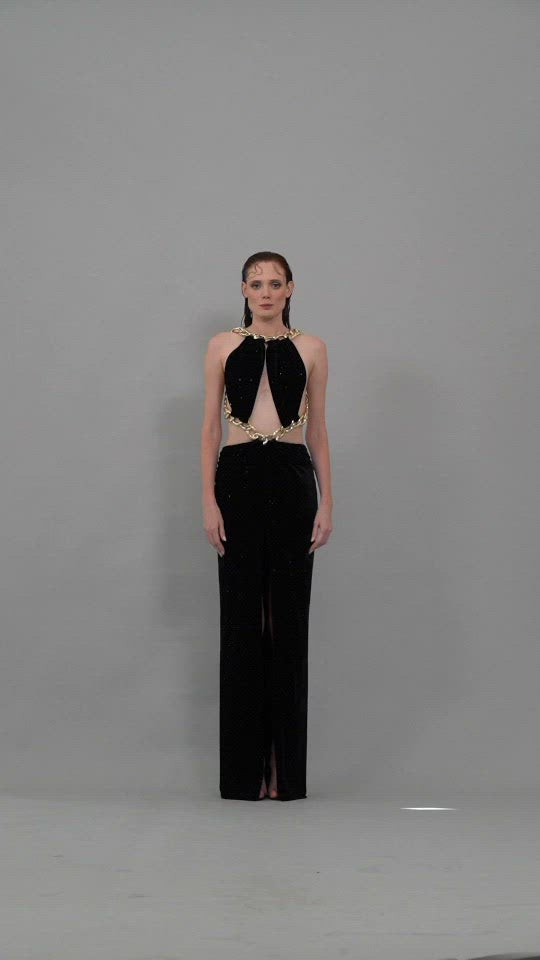 Embroidered velvet black dress with golden chains