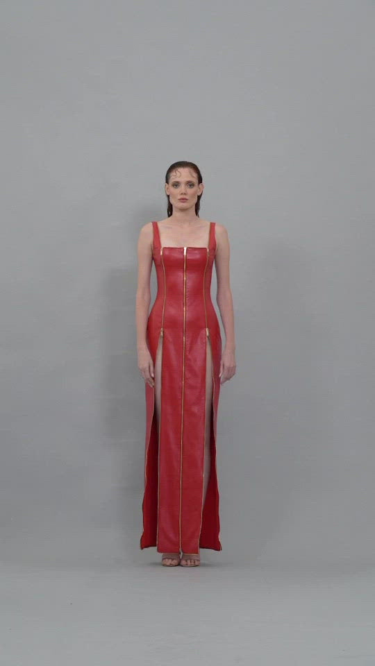 Blood red leather dress with zipper detailing