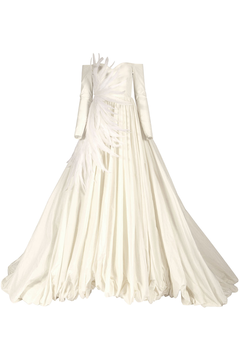 Long sleeved strapless Ivory silk taffeta puffball gown with feathers
