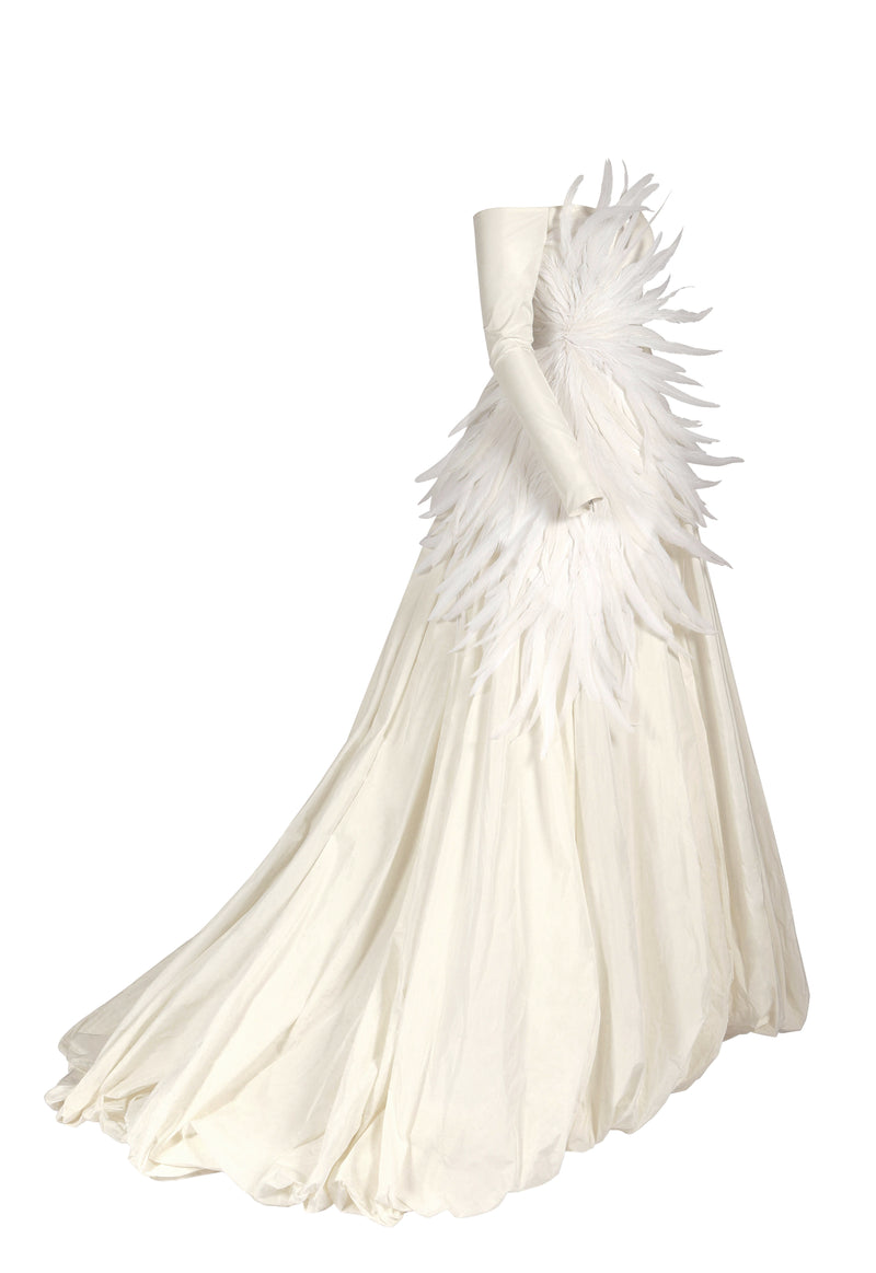 Strapless Ivory silk taffeta puffball gown with feathers