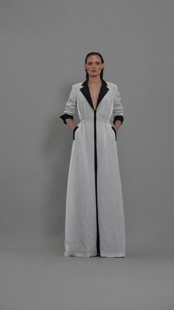 Ivory crushed taffeta shirt-dress with black contrasting cuffs and lapels