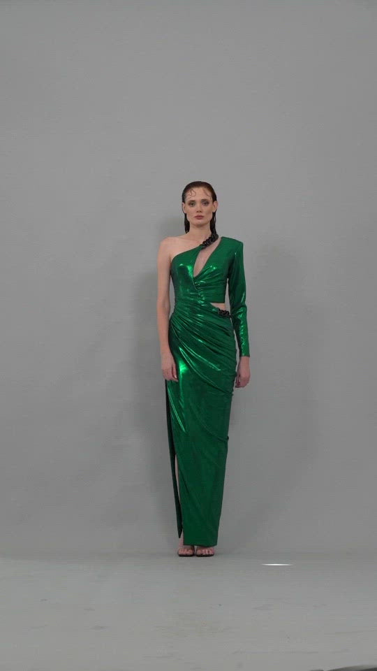 Asymmetrical One-shoulder green lamé dress with cutouts and chains