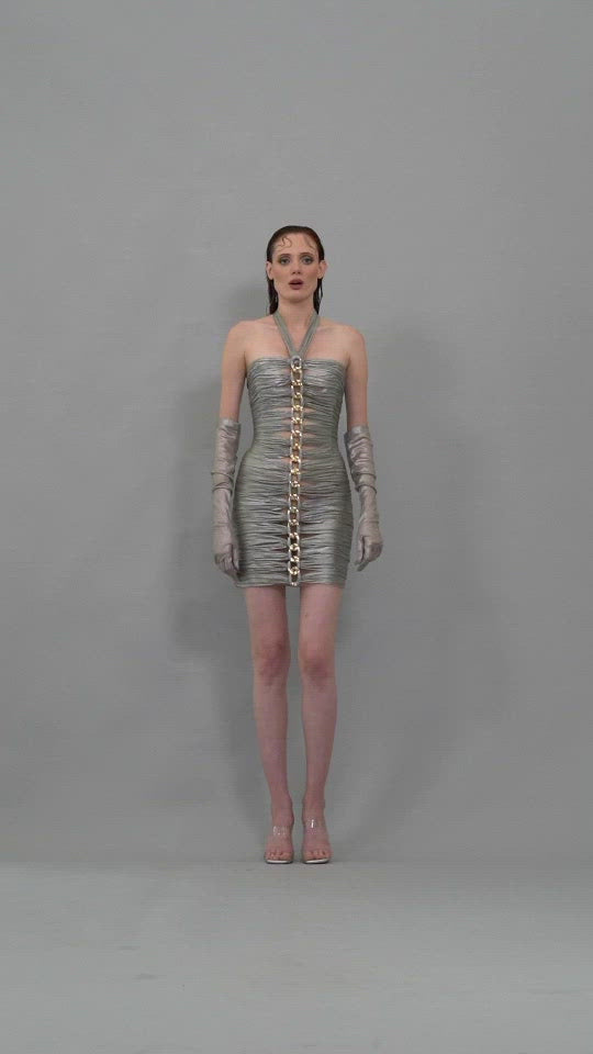 Silver halter draped mini dress with chains and gloves