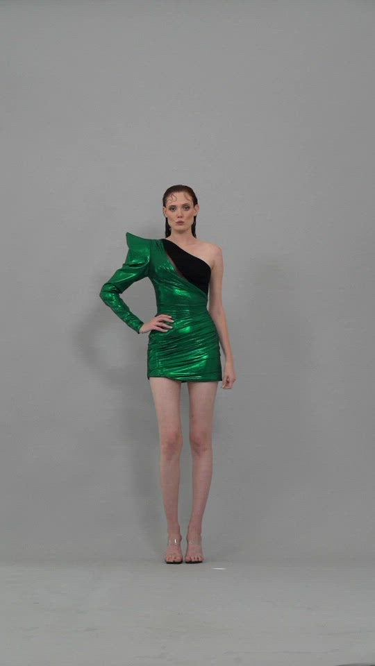 Asymmetrical green lamé short dress
