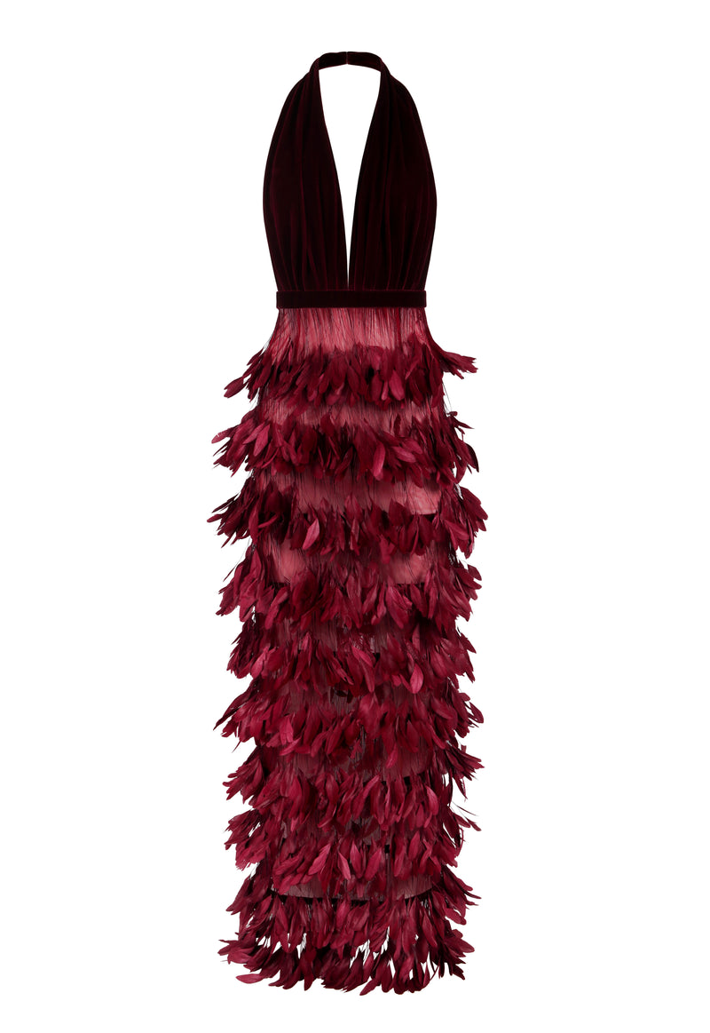 Backless burgundy velvet dress with feathers