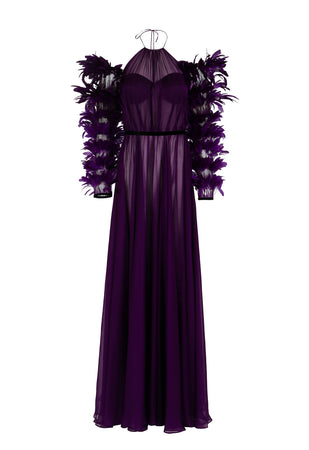 Halter purple dress with feathers on separate sleeves