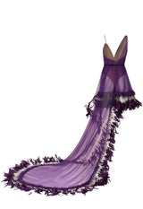 Purple silk chiffon mini dress with floor sweeping side train