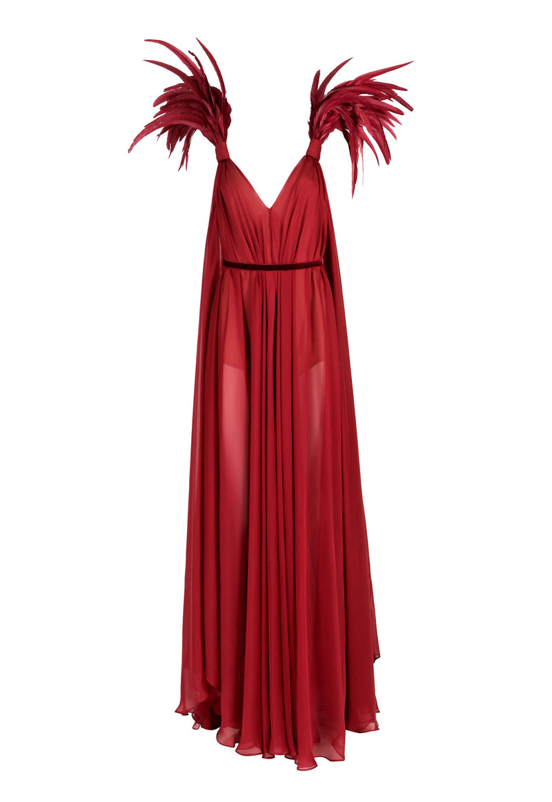 Backless burgundy silk chiffon dress with feathers