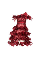 Burgundy corseted mini dress with feathers
