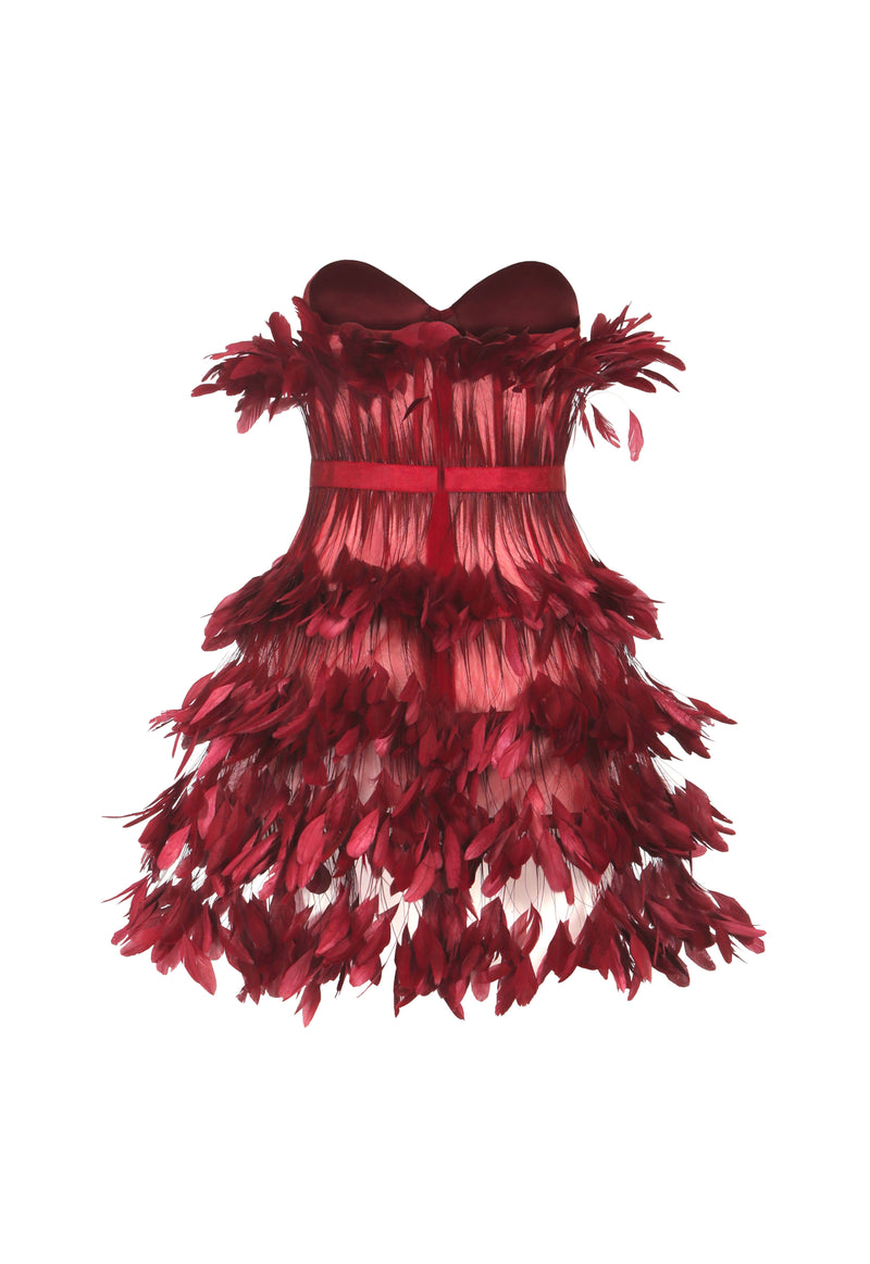 Strapless burgundy corseted mini dress with feathers